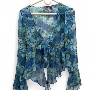 Sheer Blue Floral Tie-Front Blouse